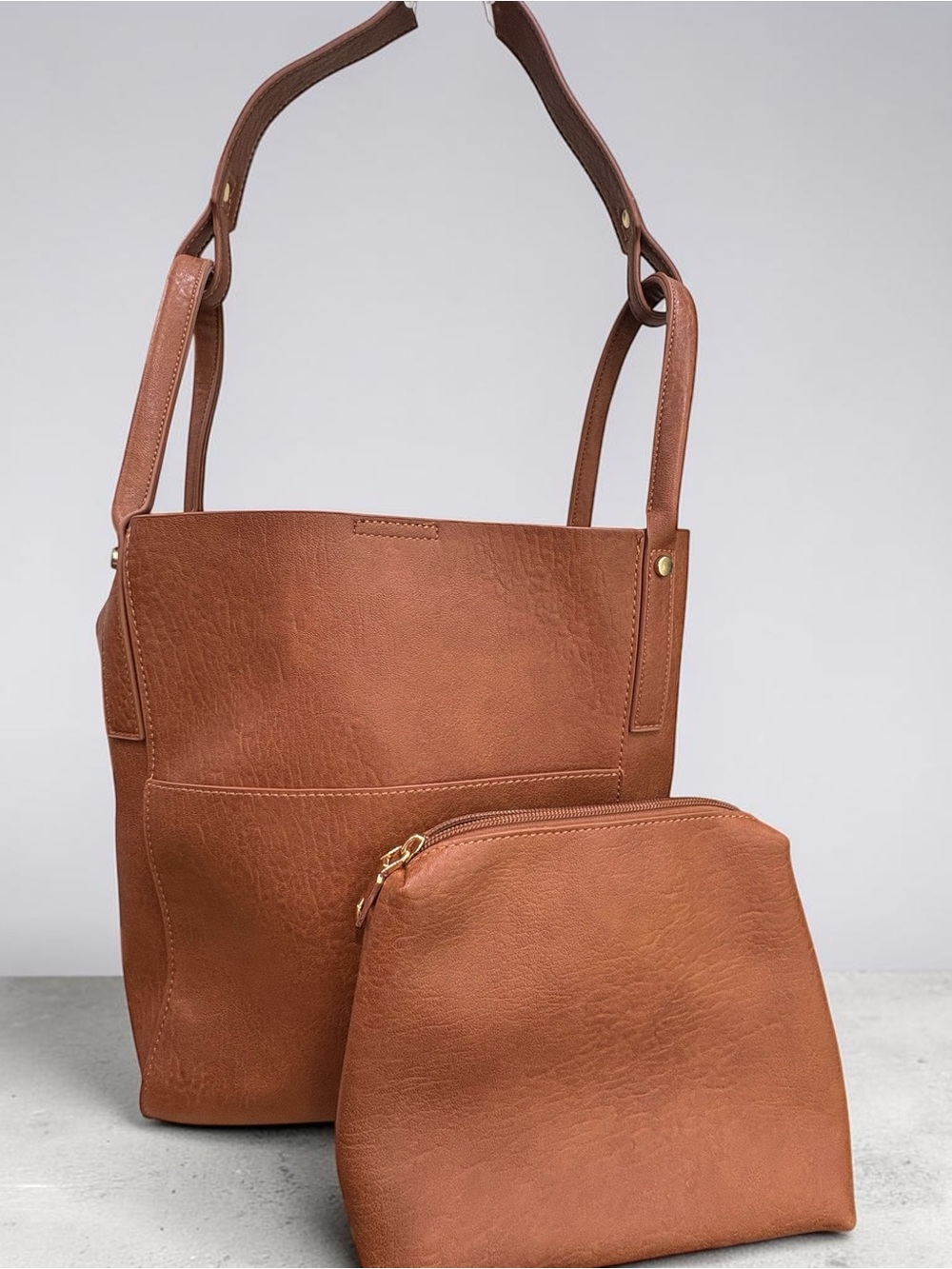 Cognac Brown Leather Tote + Removable Pouch.  Fits an Ipad and a small laptop